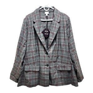 NWT Ava & Viv Women's Plaid Blazer in Black, Gray, and Red